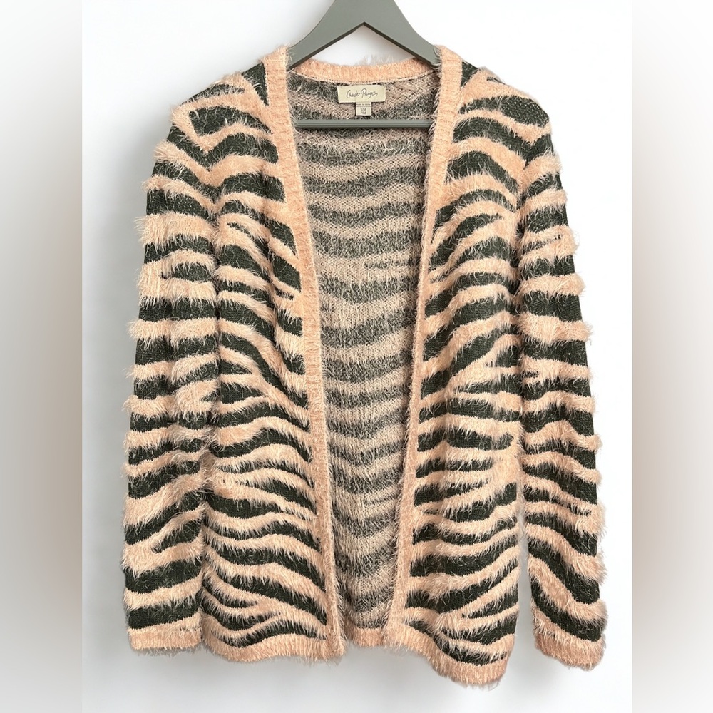 Charlie Paige Fuzzy Zebra Cardigan Greenish Gray Pink Size S/M